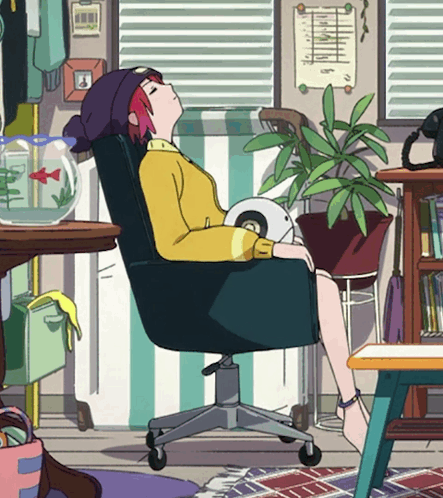 Cartoon Girl Sitting in Chair With Fish Bowl