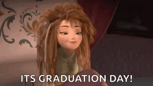 Cartoon Girl Sitting on Bed Saying Its Graduation Day