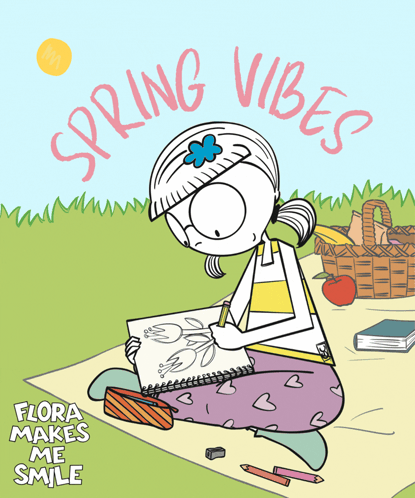 Cartoon Girl Sitting on Picnic Blanket Spring Vibes