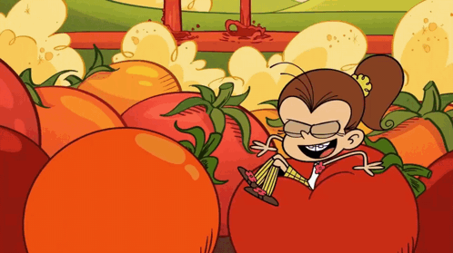 Cartoon Girl Sitting on Tomato Holding Glass