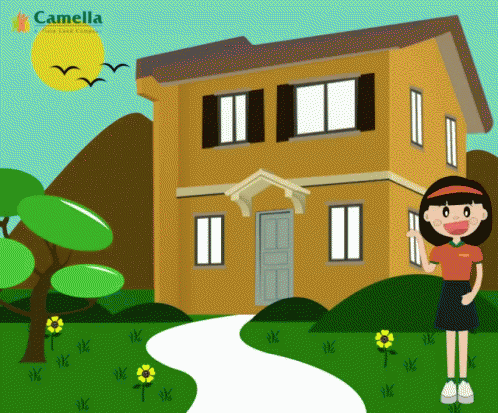 Cartoon Girl Standing in Front of House With Camellia Logo
