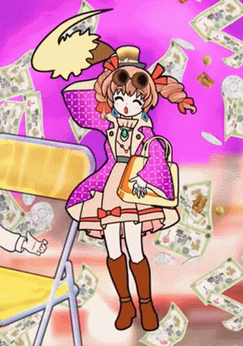 Cartoon Girl Standing in Front of Pile of Money