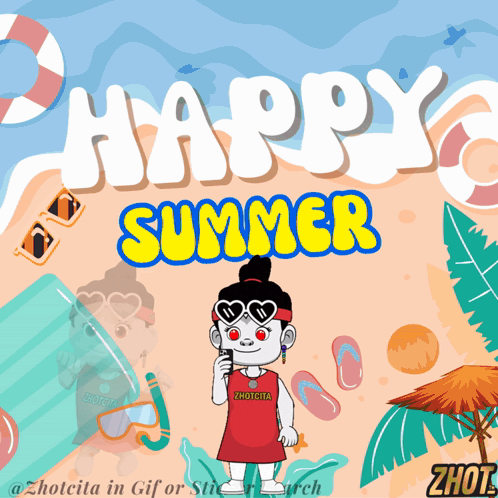 Cartoon Girl Standing on Beach Happy Summer