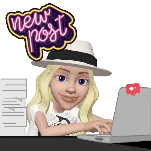 Cartoon Girl Typing on Laptop With New Post Sticker