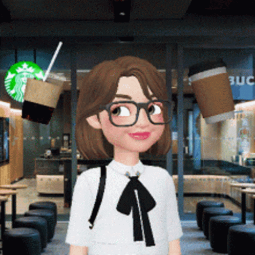 Cartoon Girl Wearing Glasses and Bow Tie at Starbucks