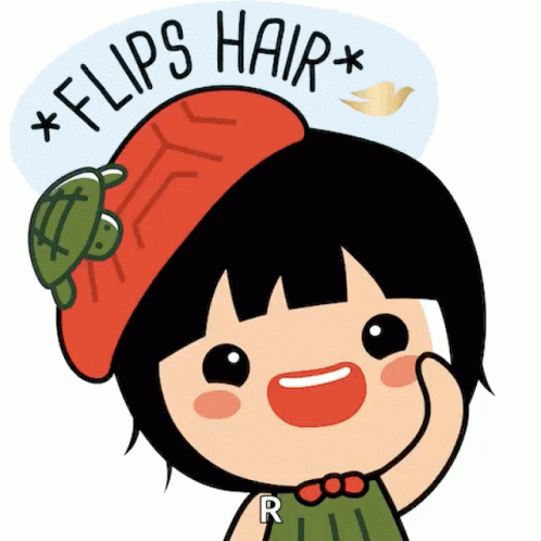Cartoon Girl Wearing Red Hat With Turtle Saying Flips Hair