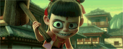 Cartoon Girl With Big Eyes Holding Wooden Hammer