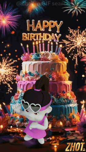 Cartoon Girl With Birthday Cake, Candles and Fireworks