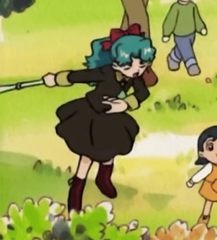 Cartoon Girl With Blue Hair and Black Dress Holding Stick
