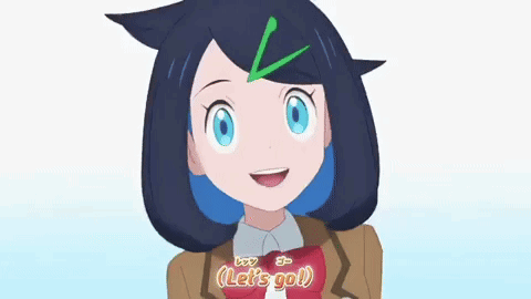 Cartoon Girl With Blue Hair and Green V Smiling Saying Let's Go
