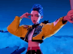 Cartoon Girl With Blue Hair and Yellow Jacket Arms Outstretched