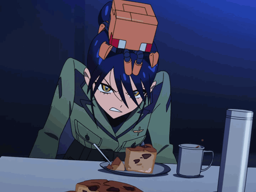 Cartoon Girl With Box on Head Looking at Cake