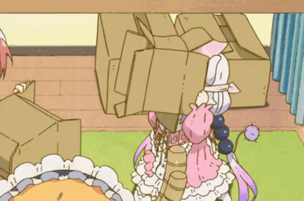Cartoon Girl With Cardboard Box on Head Playing With Toy