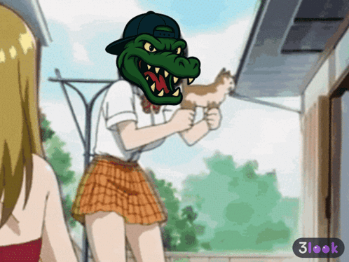 Cartoon Girl with Crocodile Head Holding Cat