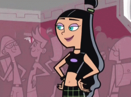 Cartoon Girl With Long Black Hair Hands on Hips Smiling