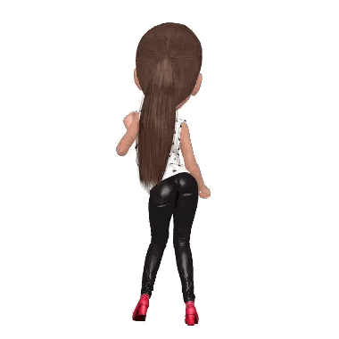 Cartoon Girl with Long Brown Hair in White Top and Black Pants