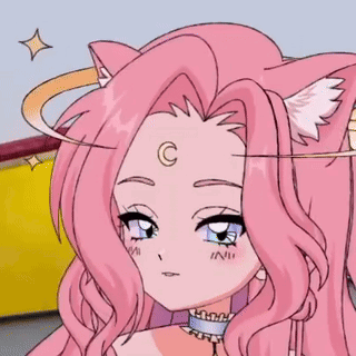 Cartoon Girl With Pink Hair and Cat Ears Wearing Choker Crescent Moon on Forehead