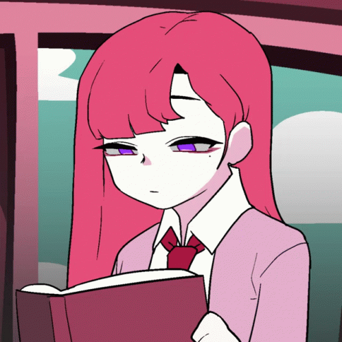 Cartoon Girl With Pink Hair And Purple Eyes Reading Book GIF