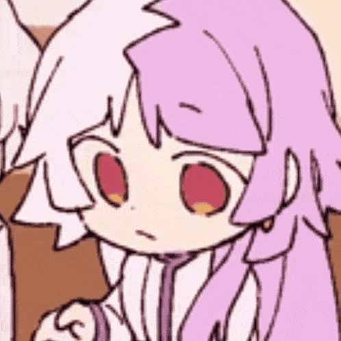 Cartoon Girl With Pink Hair and Red Eyes Sitting Next to Man