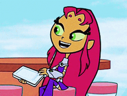 Cartoon Girl With Pink Hair Holding Tablet At Table GIF