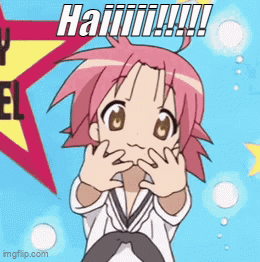 Cartoon Girl With Pink Hair Making Funny Face Saying HAI