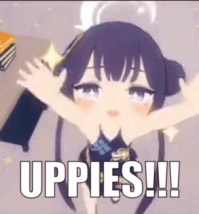 Cartoon Girl With Purple Hair Arms Outstretched Saying Uppies GIF