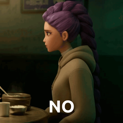Cartoon Girl with Purple Hair Saying No Way