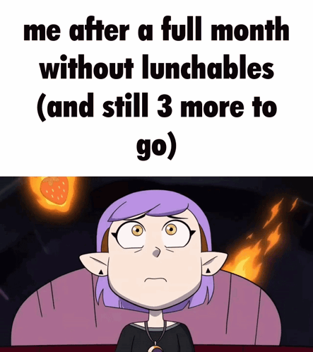 Cartoon Girl With Purple Hair Says Me After A Month Without Lunchables GIF