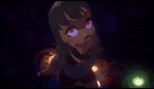 Cartoon Girl With Red Eyes in Dark Room With Light Behind Her