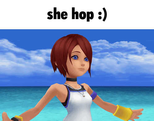 Cartoon Girl With Red Hair Blue Eyes Standing On Beach Saying She Hop GIF