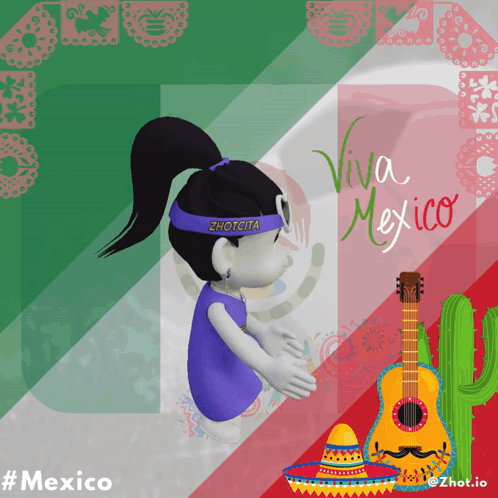Cartoon Girl With Zhotcita Headband And Mexican Flag GIF