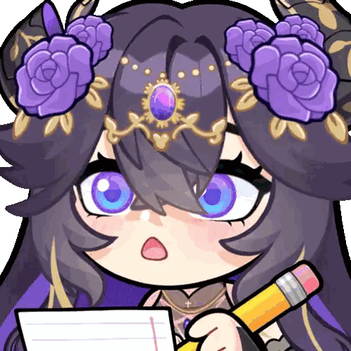 Cartoon Girl Writing with Purple Flowers