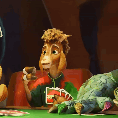 Cartoon Goat And Lizard Playing Cards GIF