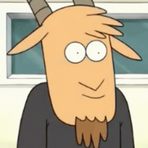 Cartoon Goat with Horns and Beard in Black Shirt