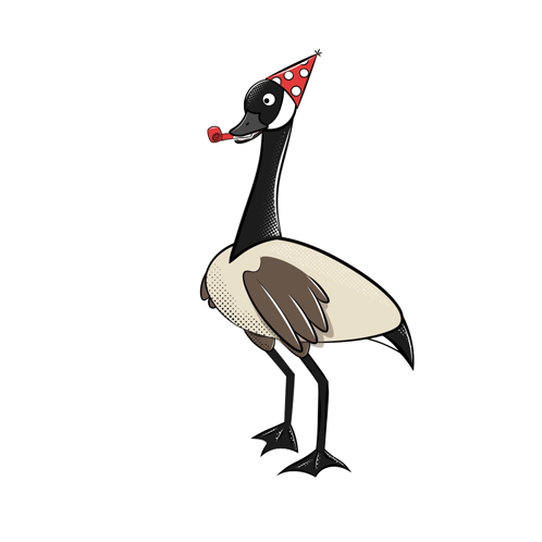 Cartoon Goose in Party Hat Blowing Red Horn