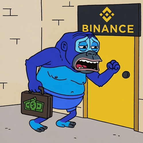 Cartoon Gorilla Holding Briefcase At Binance Door GIF