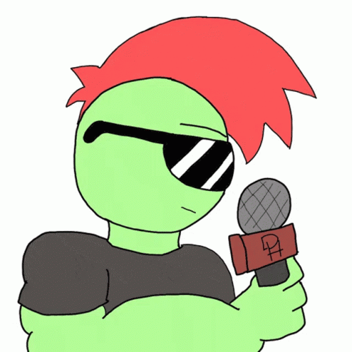 Cartoon Green Character with Red Hair and Microphone