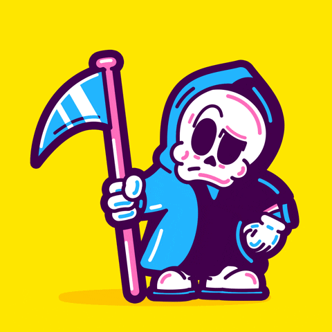 Cartoon Grim Reaper in Blue Hood Holding Scythe