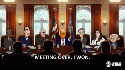 Cartoon Group Sitting Around Table With Words Meeting Over I Won