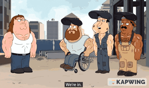 Cartoon Group Standing With Caption We're In