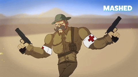 Cartoon Gunner Running In Desert While Firing GIF
