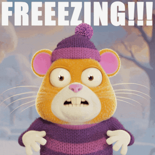 Cartoon Hamster in Purple Sweater and Hat Saying Freezing