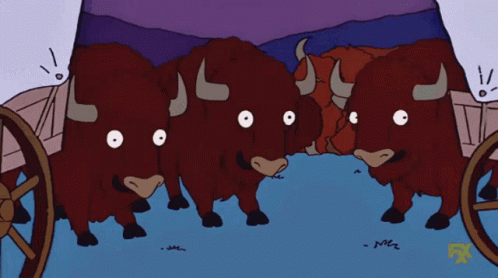 Cartoon Herd of Bulls in Front of Wagon