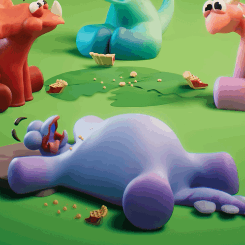 Cartoon Hippo Lying on Ground with Pie in Mouth