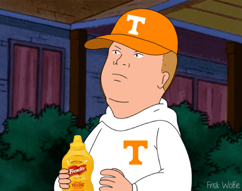 Cartoon Holding Bottle of Frank's Mustard