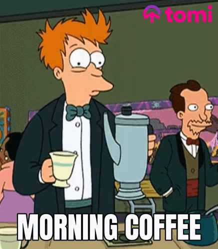 Cartoon Holding Coffee Saying Morning Coffee