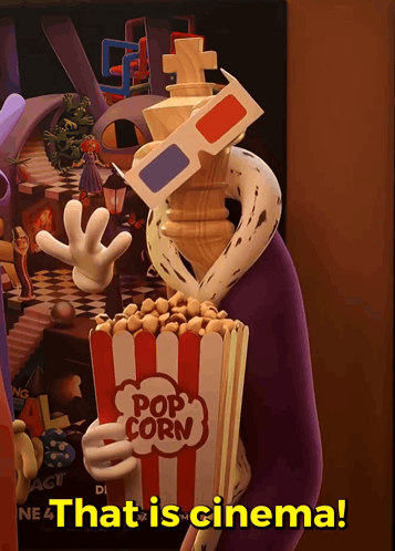 Cartoon Holding Popcorn Bucket in 3D Glasses Saying That Is Cinema