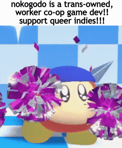 Cartoon Holding Purple Pom Poms Says Nokogode Is A Trans-Owned Worker Co-Op GIF