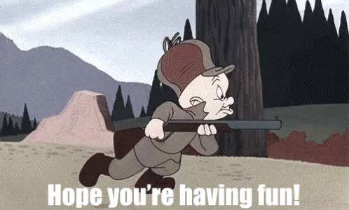 Cartoon Holding Rifle Saying Hope You're Having Fun