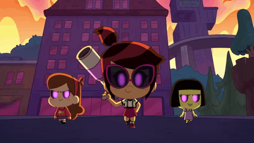 Cartoon Holding Telescope in Front of Gravity Falls Building